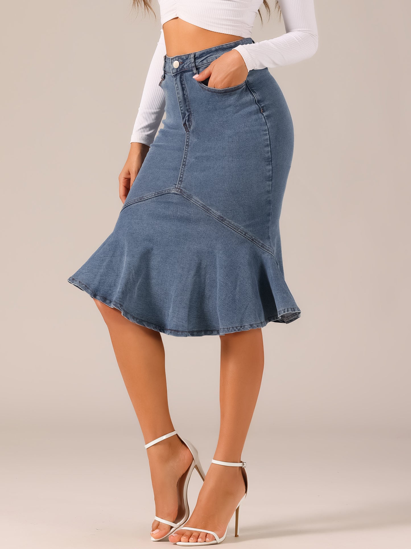 Women's Denim Jean Skirt High Waist Bodycon Ruffles Fishtail Skirt