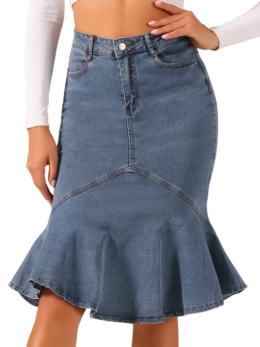 Women's Denim Jean Skirt High Waist Bodycon Ruffles Fishtail Skirt