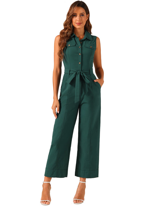 Women's Wide Leg Jumpsuit Sleeveless Collared Tie Waist Coverall Button Down Cargo Jumpsuits