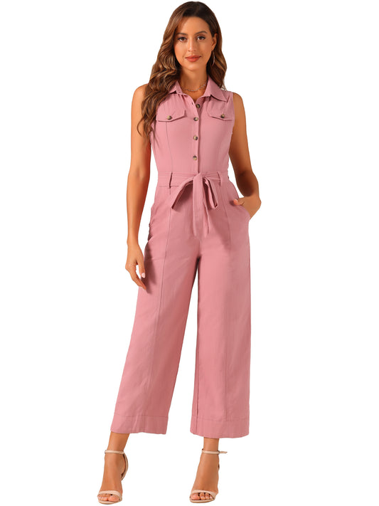Women's Wide Leg Jumpsuit Sleeveless Collared Tie Waist Coverall Button Down Cargo Jumpsuits