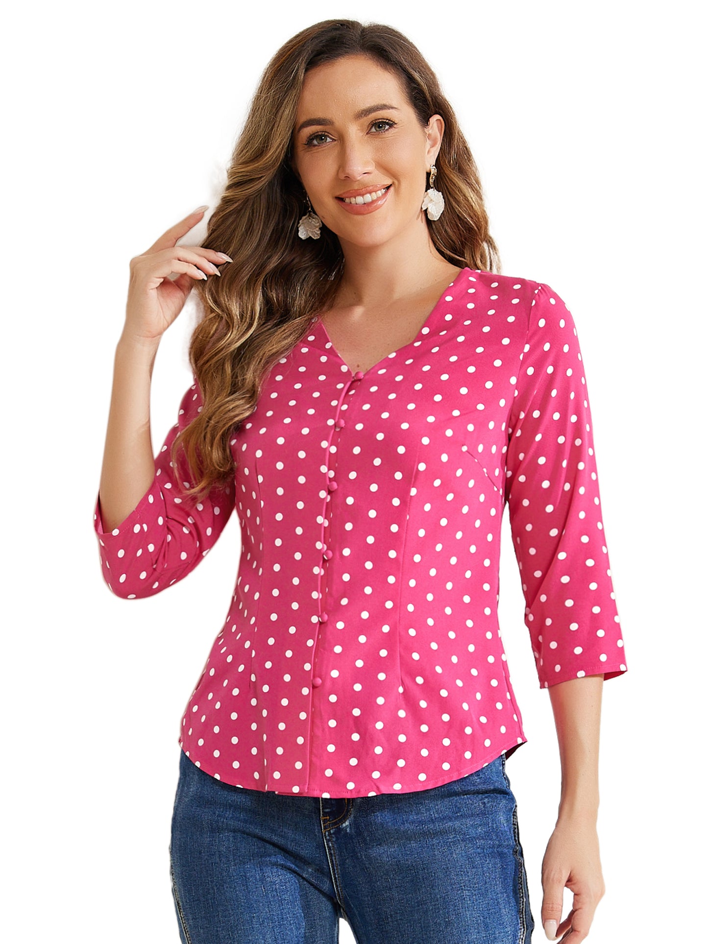 Women's Polka Dots 3/4 Sleeve Button Front V Neck Blouse Shirt (Available in Plus Size)