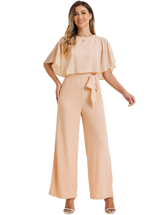 Women's Dressy Casual Tie Waist Wide Leg Pants Ruffle Sleeve Jumpsuit