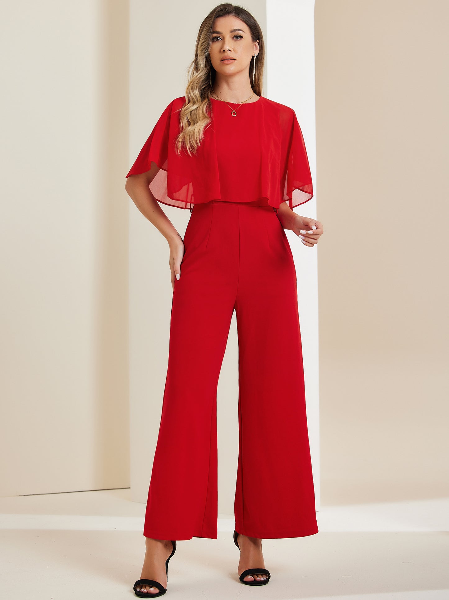Women's Dressy Casual Tie Waist Wide Leg Pants Ruffle Sleeve Jumpsuit (Available in Plus Size)