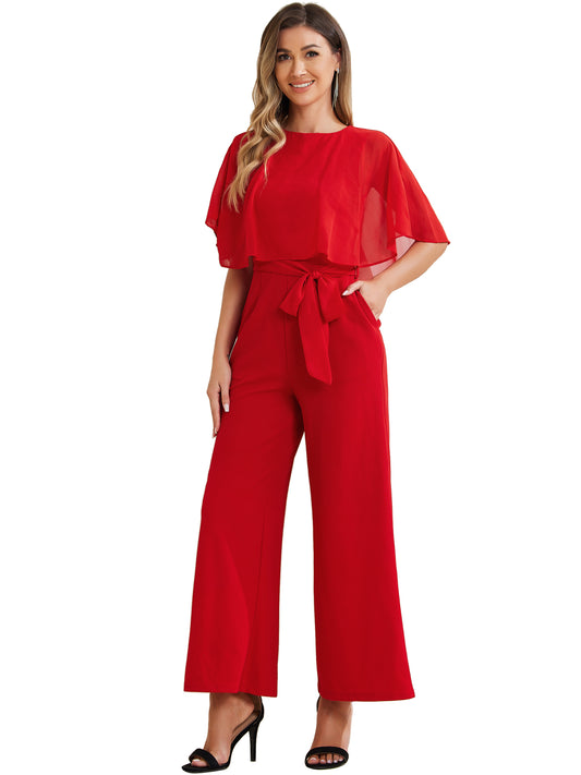 Women's Dressy Casual Tie Waist Wide Leg Pants Ruffle Sleeve Jumpsuit (Available in Plus Size)