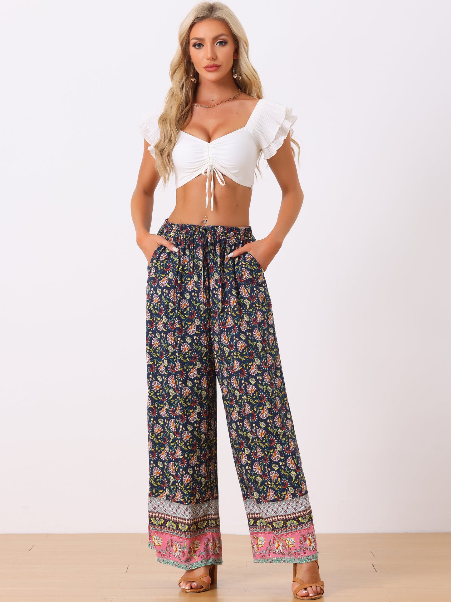 Women's Boho Floral Pants Drawstring Waist Beach Wide Leg Pants with Pockets