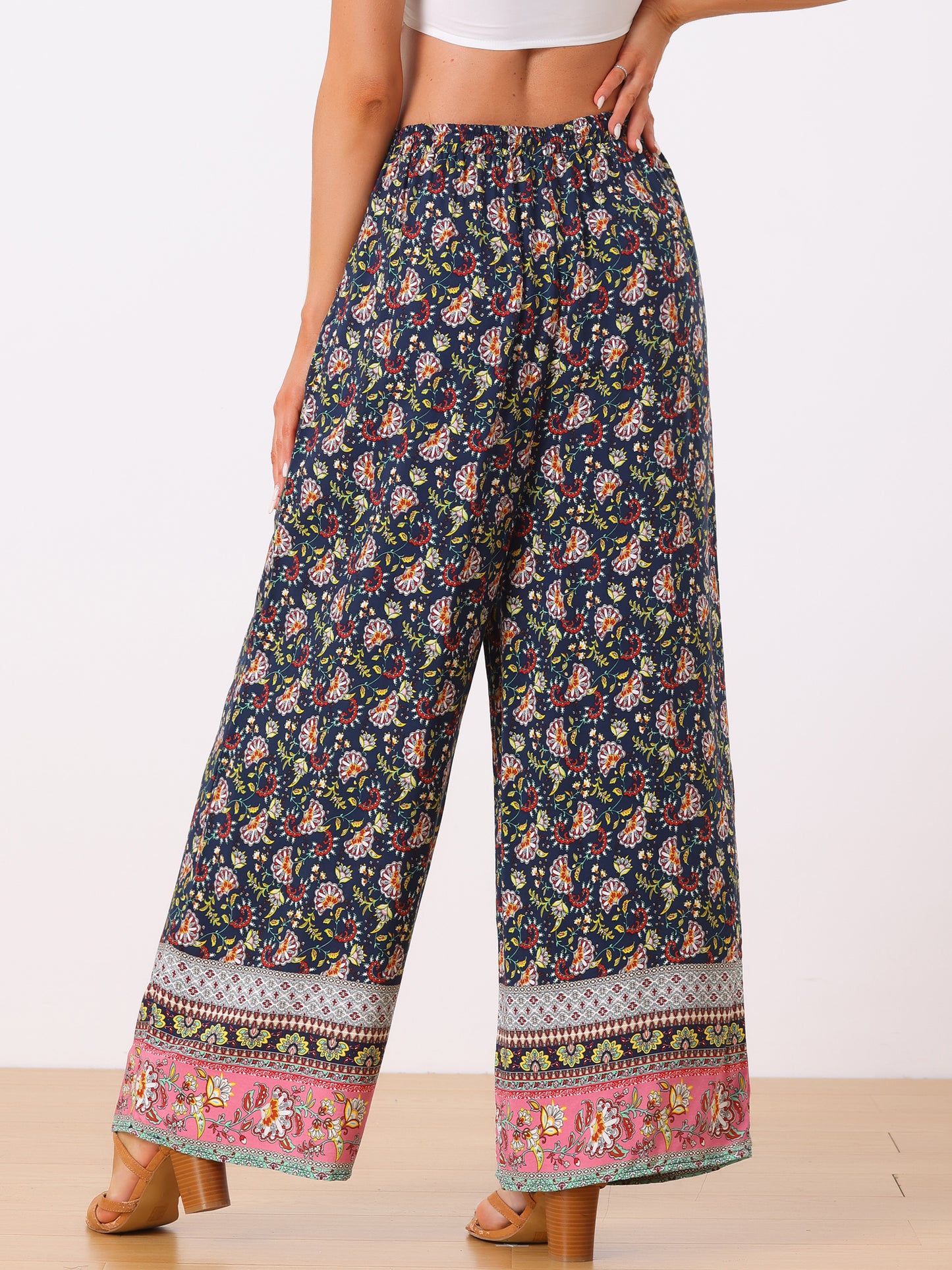 Women's Boho Floral Pants Drawstring Waist Beach Wide Leg Pants with Pockets