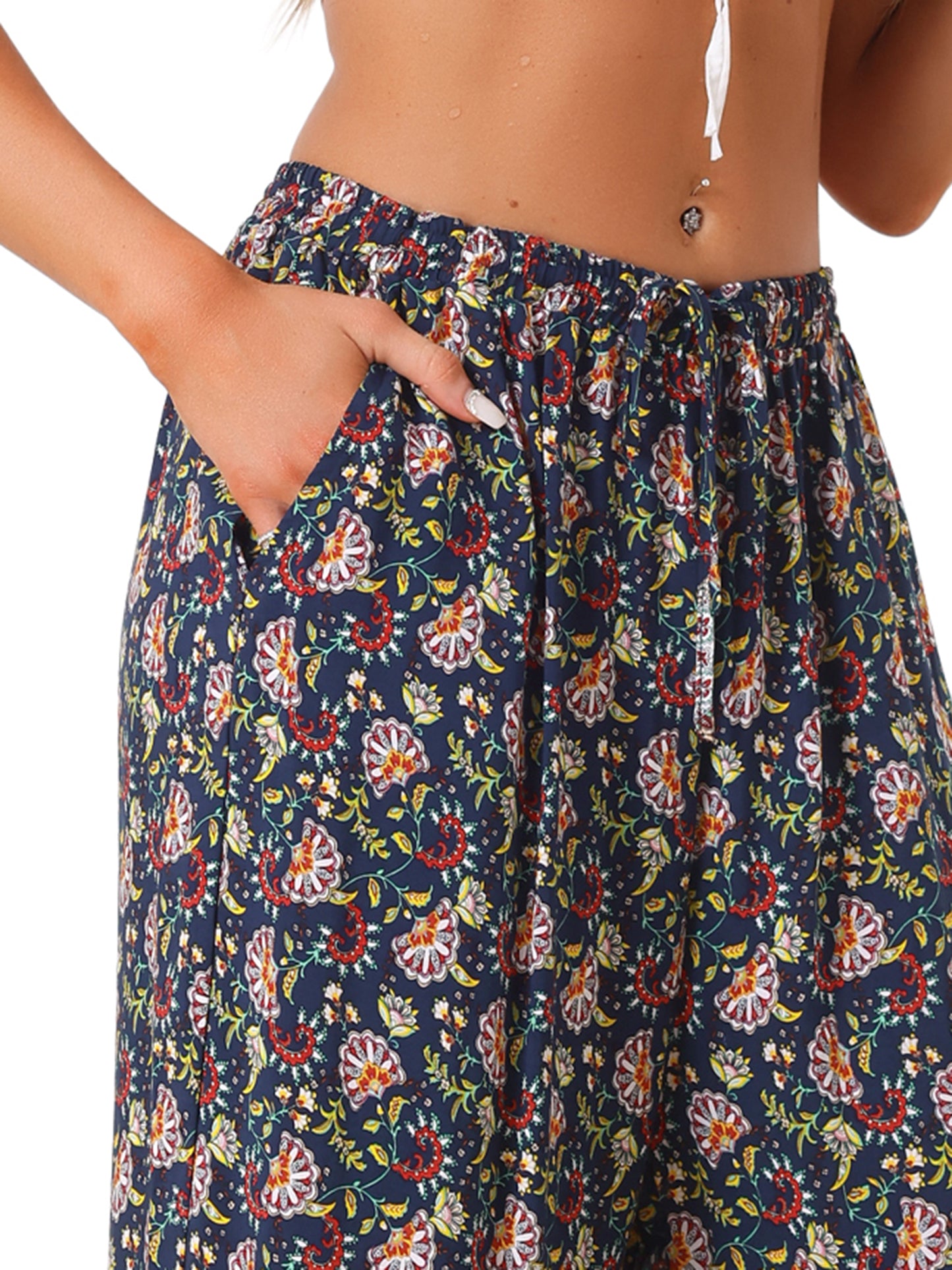 Women's Boho Floral Pants Drawstring Waist Beach Wide Leg Pants with Pockets