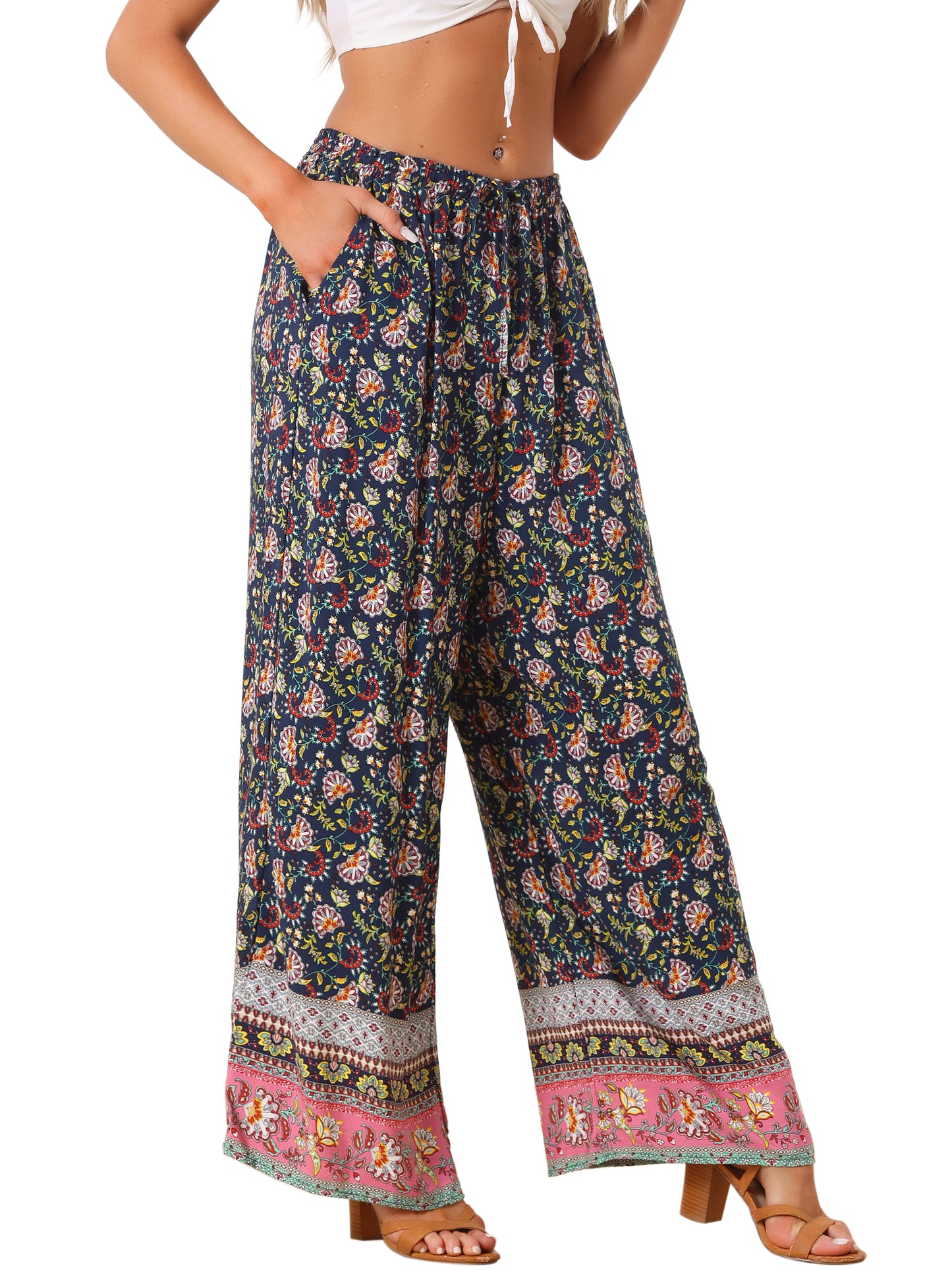 Women's Boho Floral Pants Drawstring Waist Beach Wide Leg Pants with Pockets