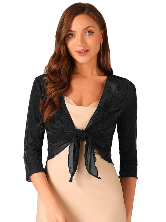 Women's Tie Front 3/4 Sleeve Glitter Cropped Sheer Mesh Bolero Shrug