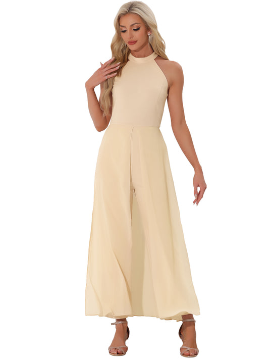 Women's Summer Sleeveless Halter Neck Wedding Chiffon Wide Leg Dressy Elegant Jumpsuit
