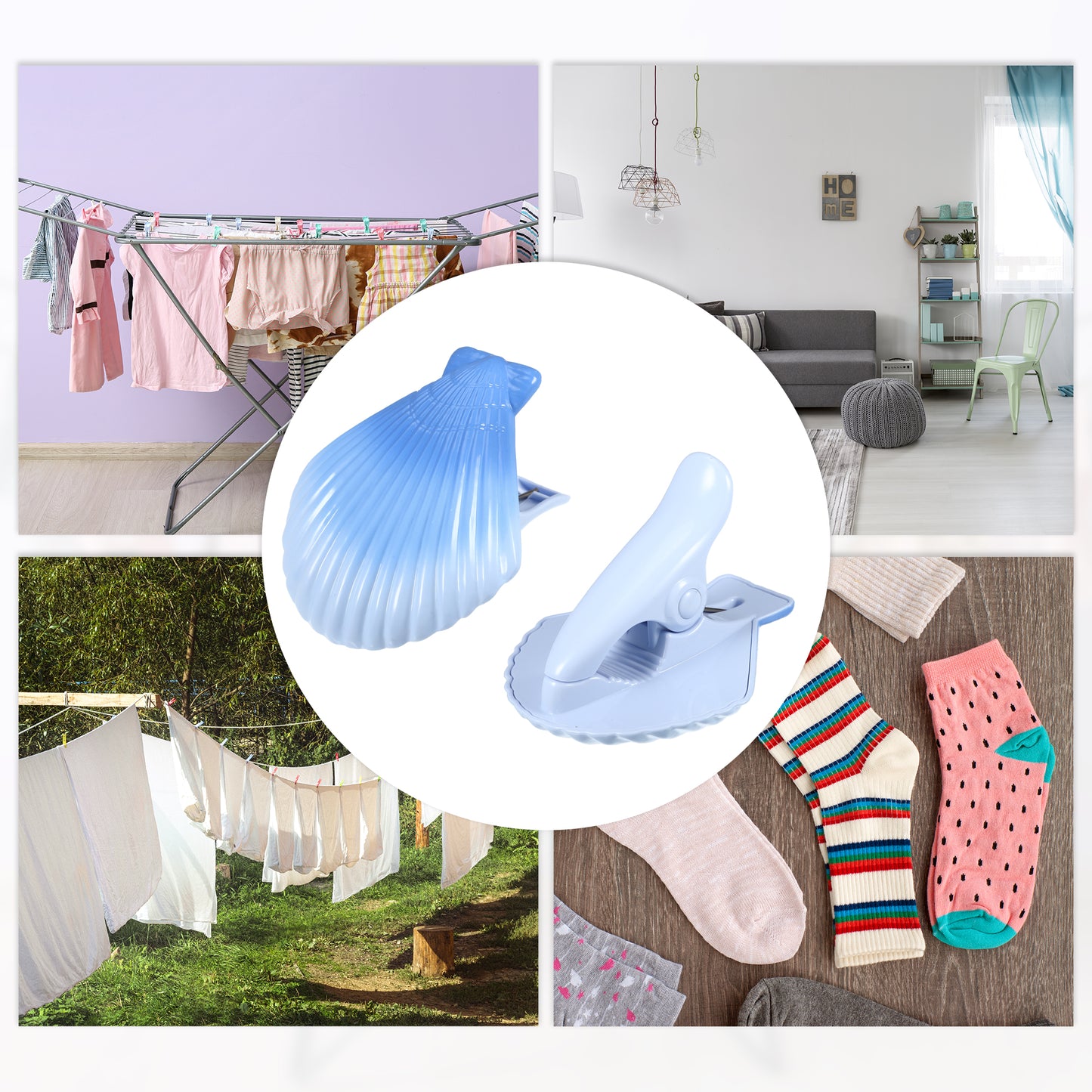 Shell ABS Metal Clothespins for Clothes Craft Pictures 4 Pcs Set Blue