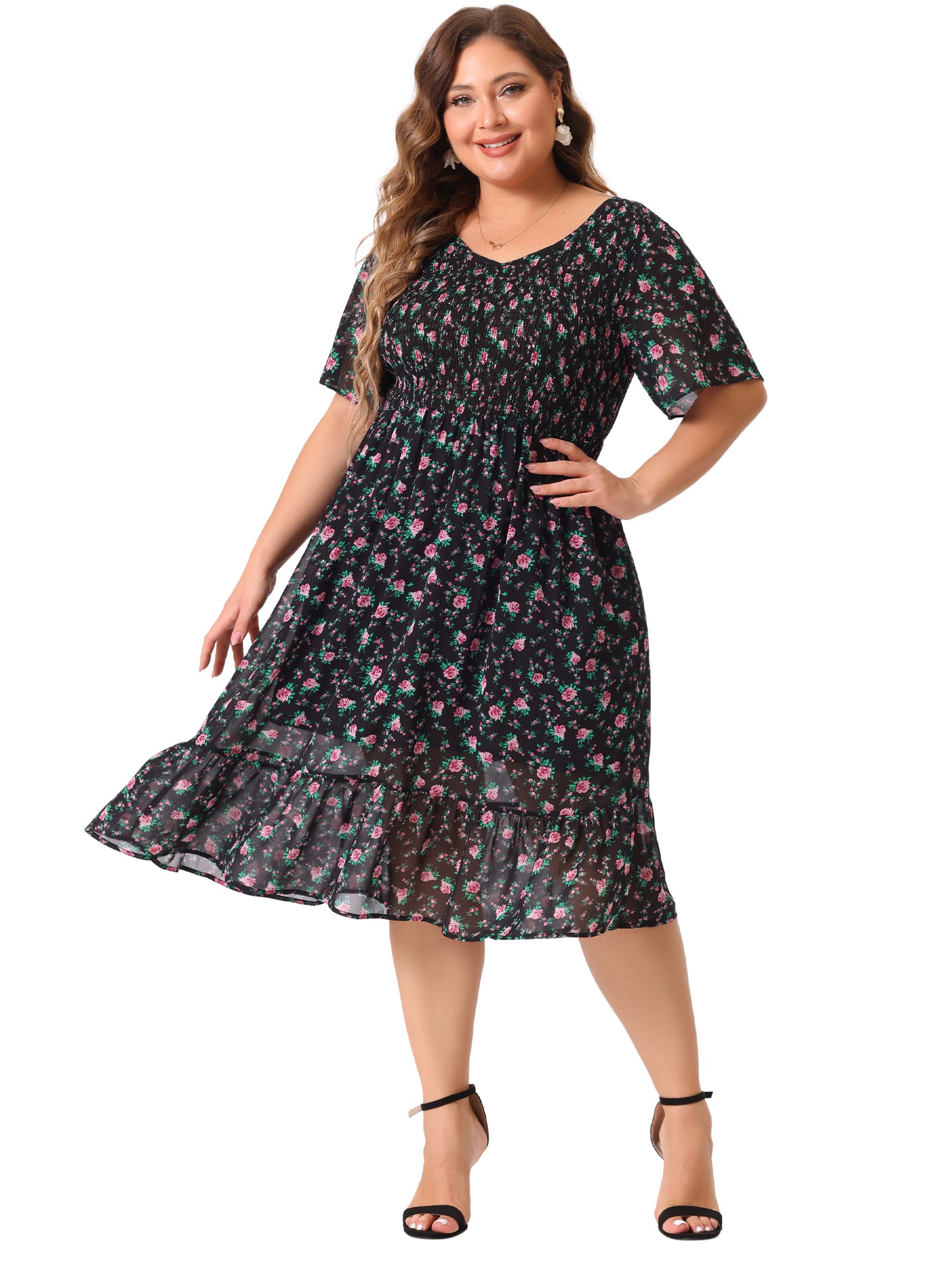 Women's Plus Size Dresses Flare Smock Ruffle Chiffon Floral Midi Dress
