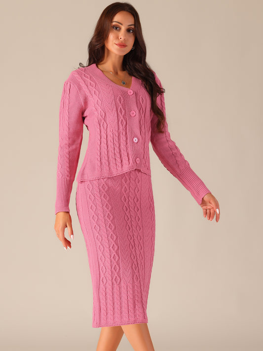 Womens' Fall Winter Sweater V Neck Cardigan Two Piece Midi Skirt Casual Lounge Set
