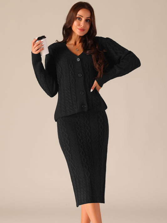 Womens' Fall Winter Sweater V Neck Cardigan Two Piece Midi Skirt Casual Lounge Set