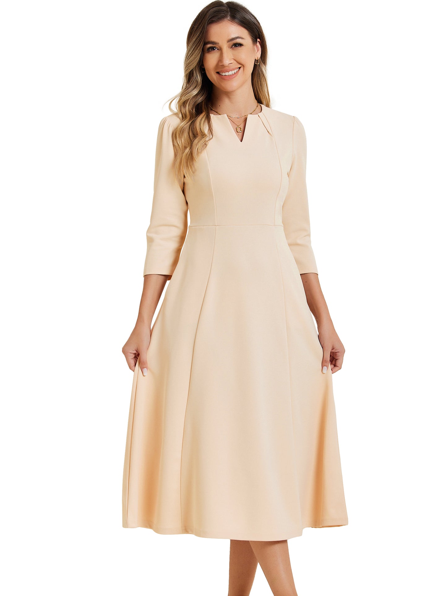 Women's 3/4 Sleeve Dresses V Neck Pockets Elegant Work Business Spring Fall A-Line Midi Dress (Available in Plus Size)