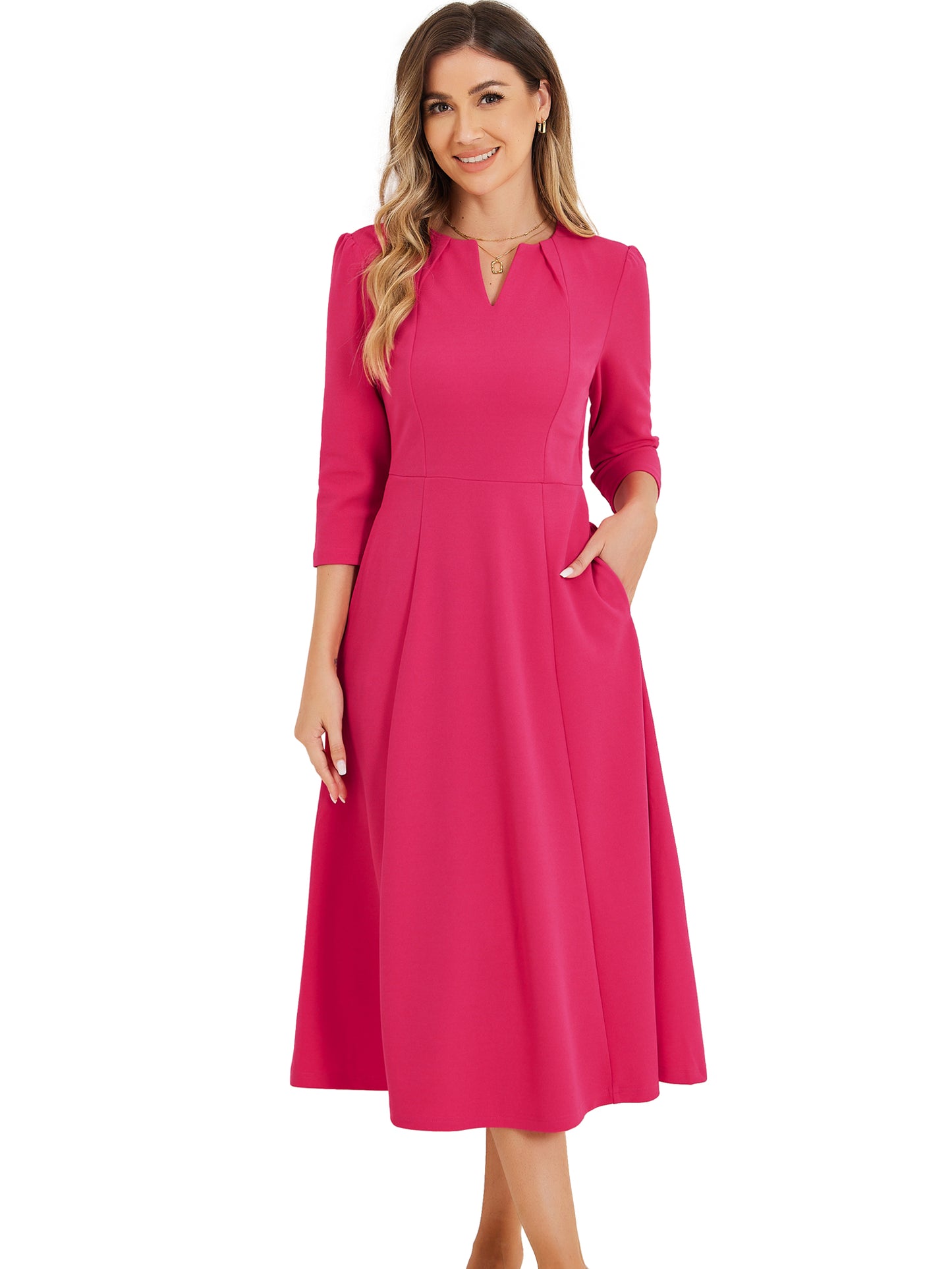 Women's 3/4 Sleeve Dresses V Neck Pockets Elegant Work Business Spring Fall A-Line Midi Dress (Available in Plus Size)