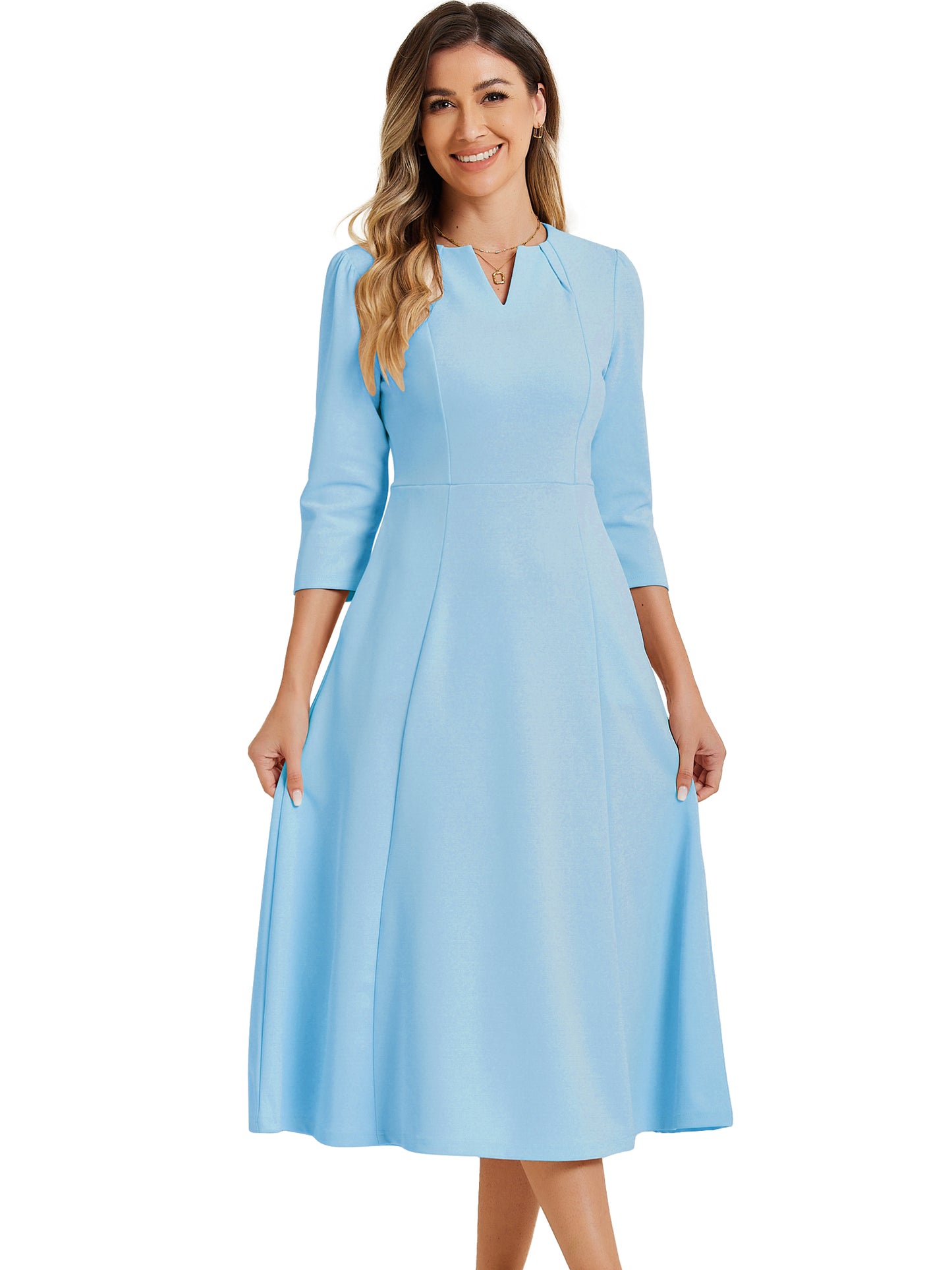 Women's 3/4 Sleeve Dresses V Neck Pockets Elegant Work Business Spring Fall A-Line Midi Dress (Available in Plus Size)