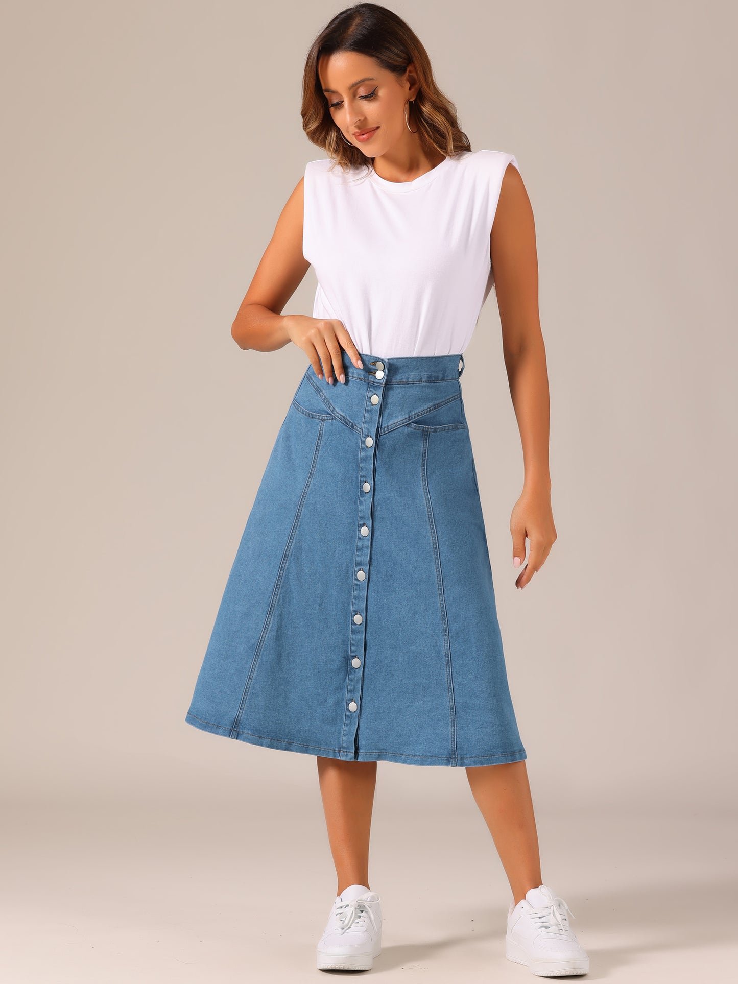 Womens' Summer Denim Skirt High Waist Buttons Front A-Line Flowy Midi Skirts with Pockets