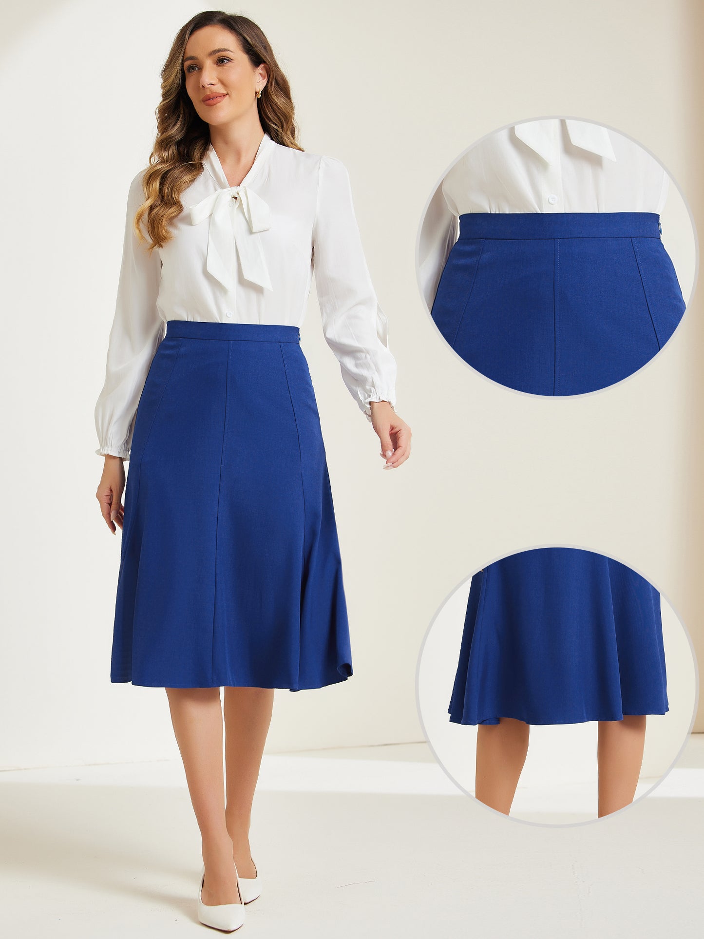 Women Side Zipper High Waist Elegant Flared Flowy A Line Work Midi Skirt