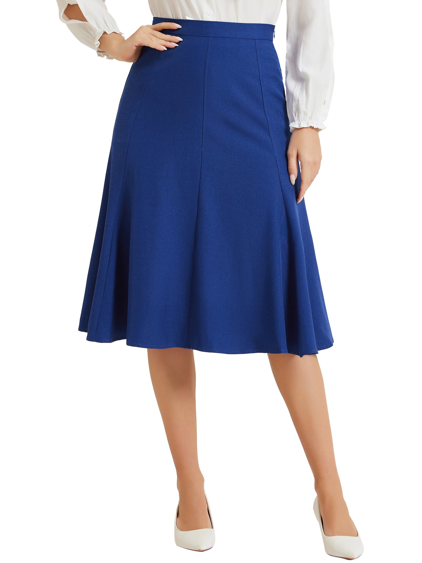 Women Side Zipper High Waist Elegant Flared Flowy A Line Work Midi Skirt