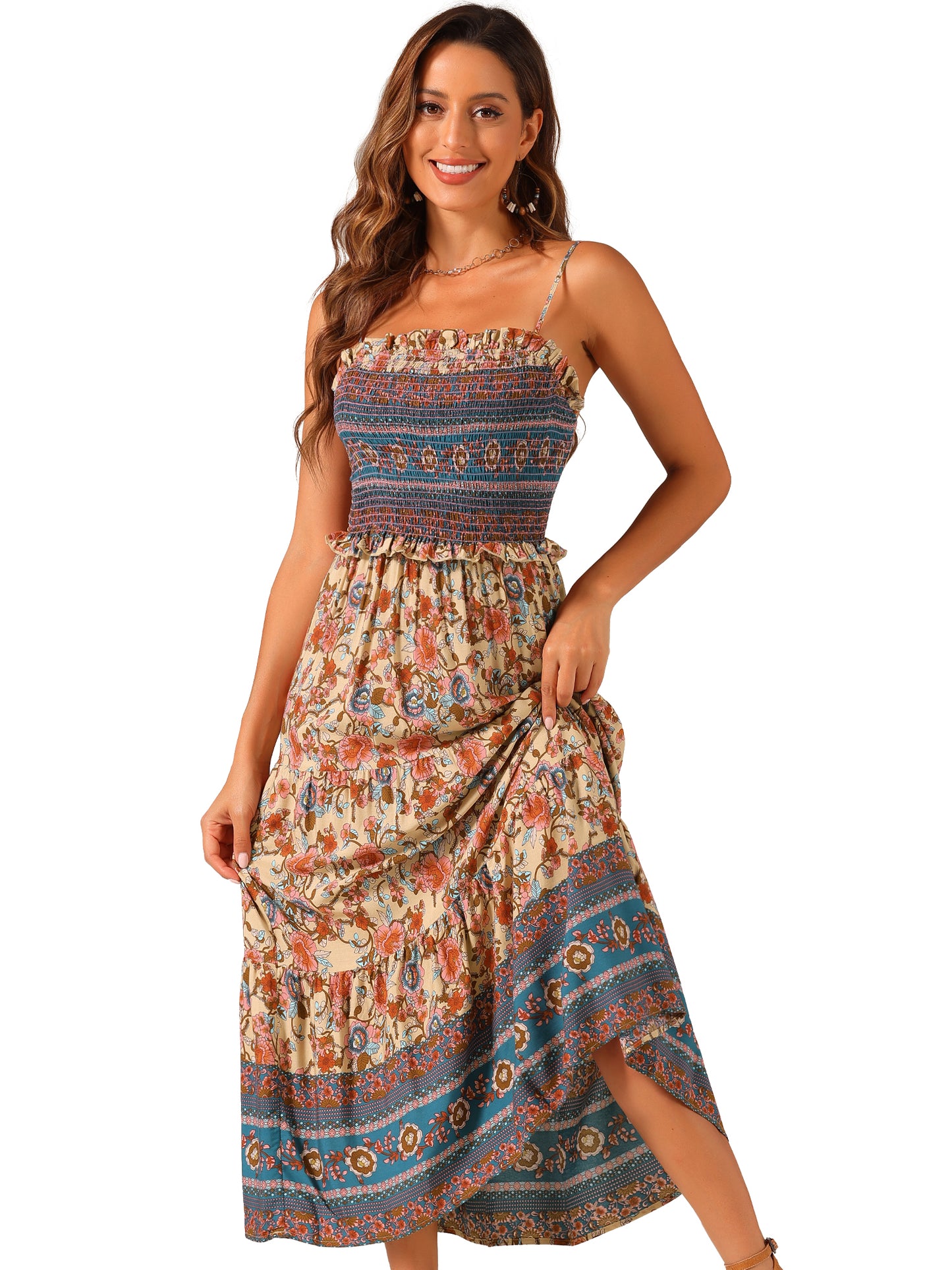 Women's Boho Floral Dress Spaghetti Strap Flowy Smocked Tiered Maxi Dresses