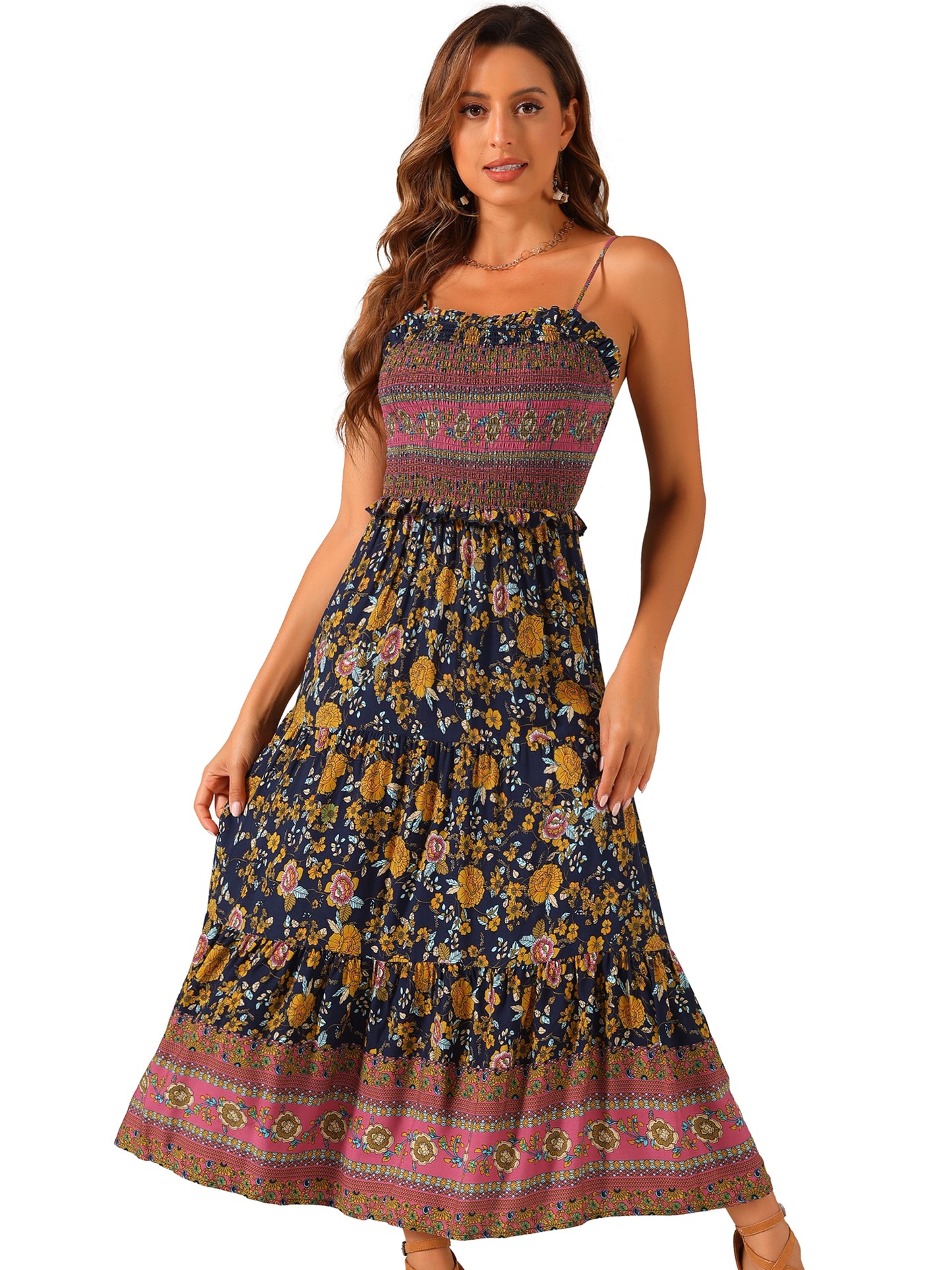 Women's Boho Floral Dress Spaghetti Strap Flowy Smocked Tiered Maxi Dresses