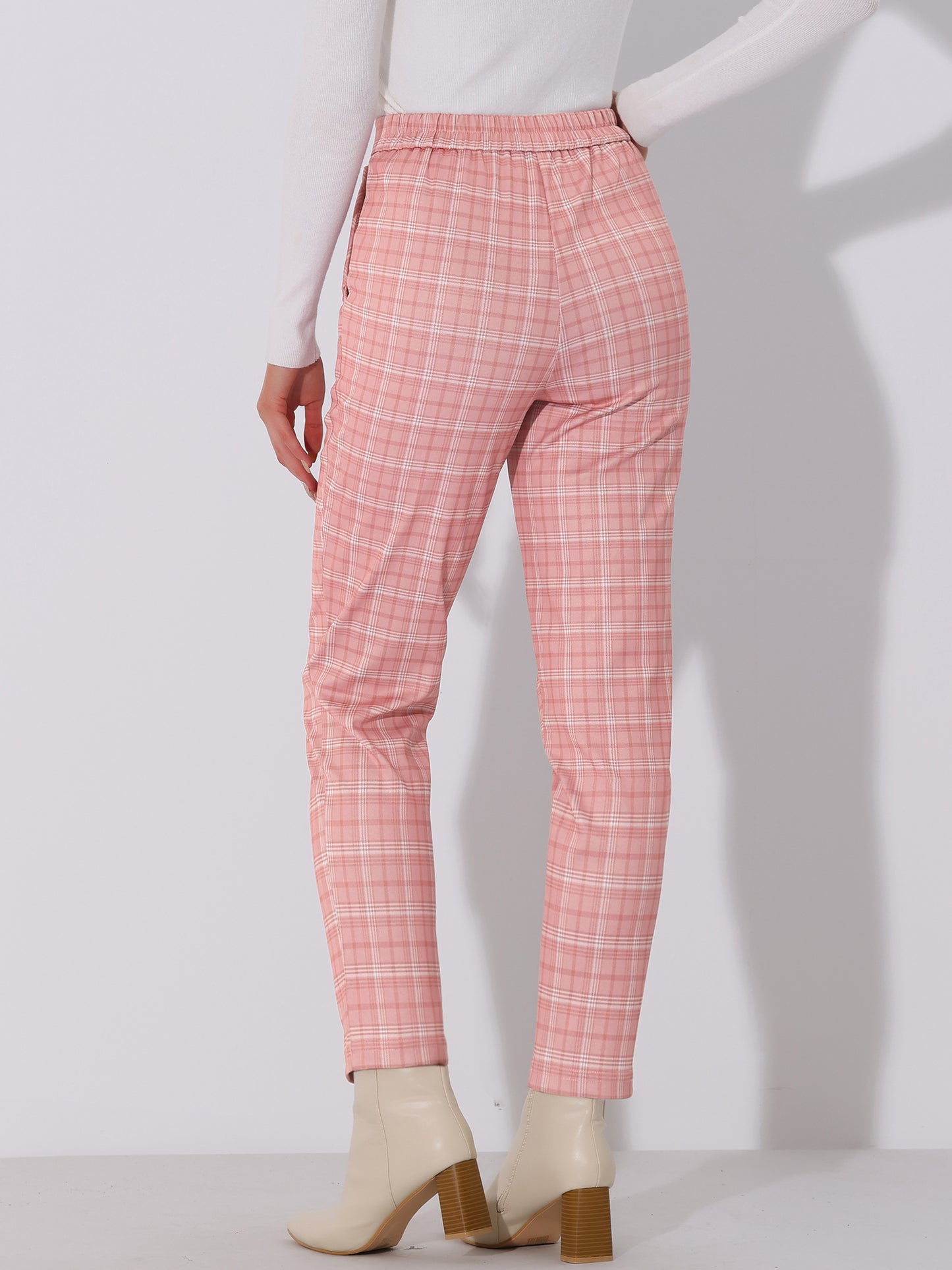 Women's Retro Tartan Plaid Pants Elastic Waist Straight Long Trousers