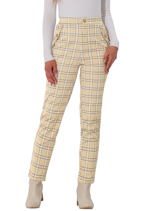 Women's Retro Tartan Plaid Pants Elastic Waist Straight Long Trousers