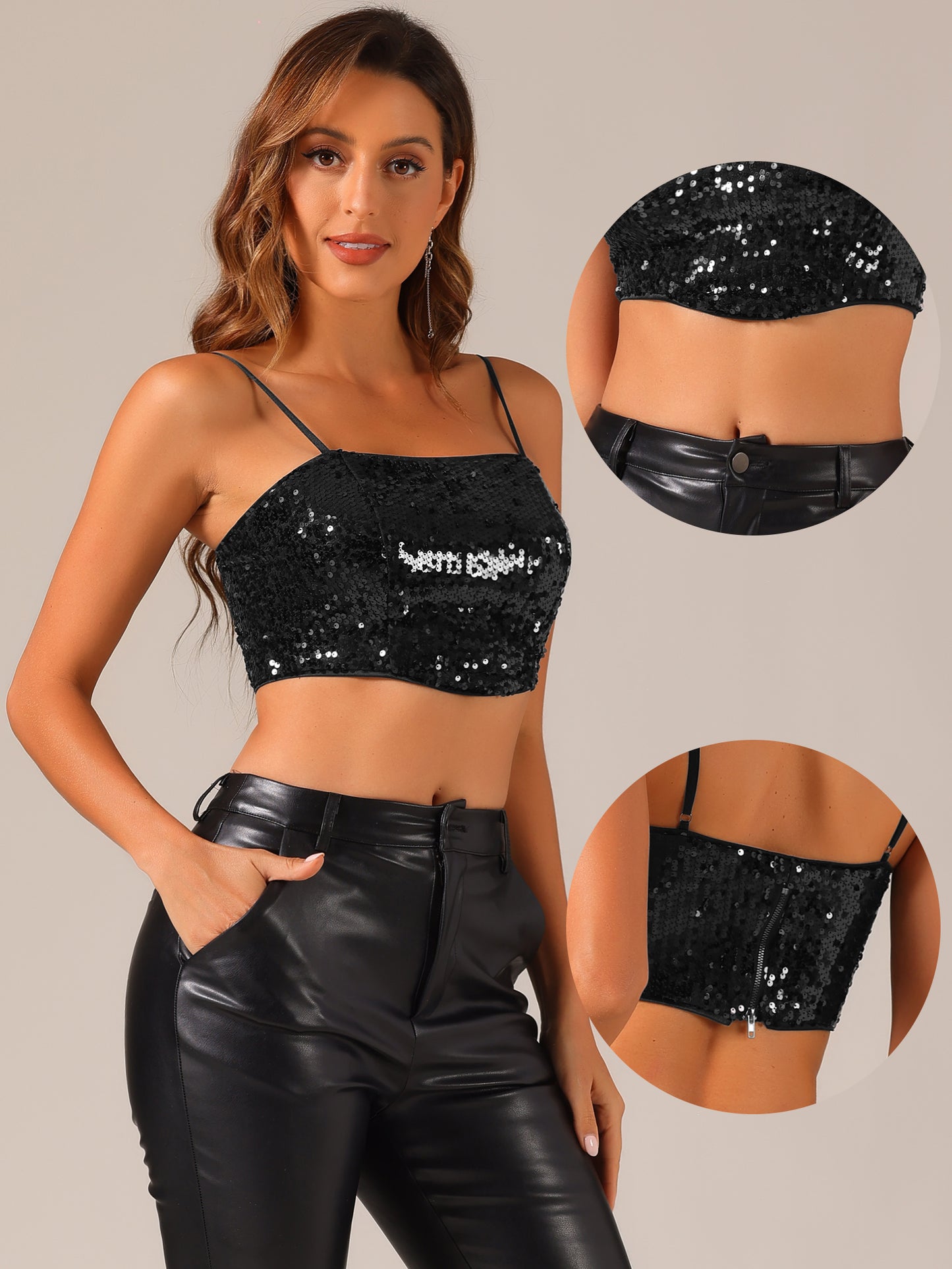 Women's Sequin Crop Top Sparkly Spaghetti Straps Party Disco Metallic Cami Top