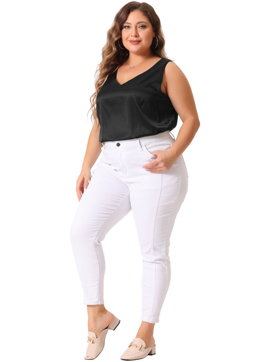 Women Plus Size Satin Tank Tops V Neck Casual Sleeveless Summer Basic Tank