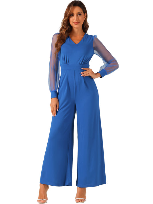 Women's Elegant V Neck Mesh Long Sleeve Loose Wide Leg Romper Cocktail Jumpsuits