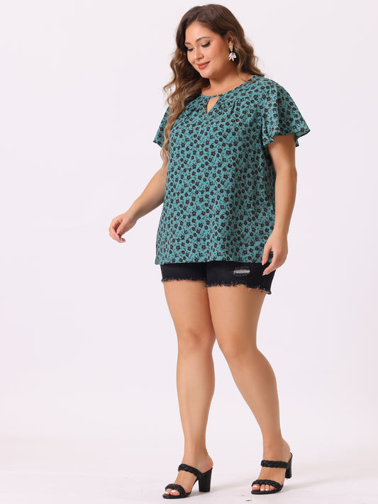 Women's Plus Size Blouses Summer Ruffle Short Sleeve Shirts Keyhole Chiffon Top