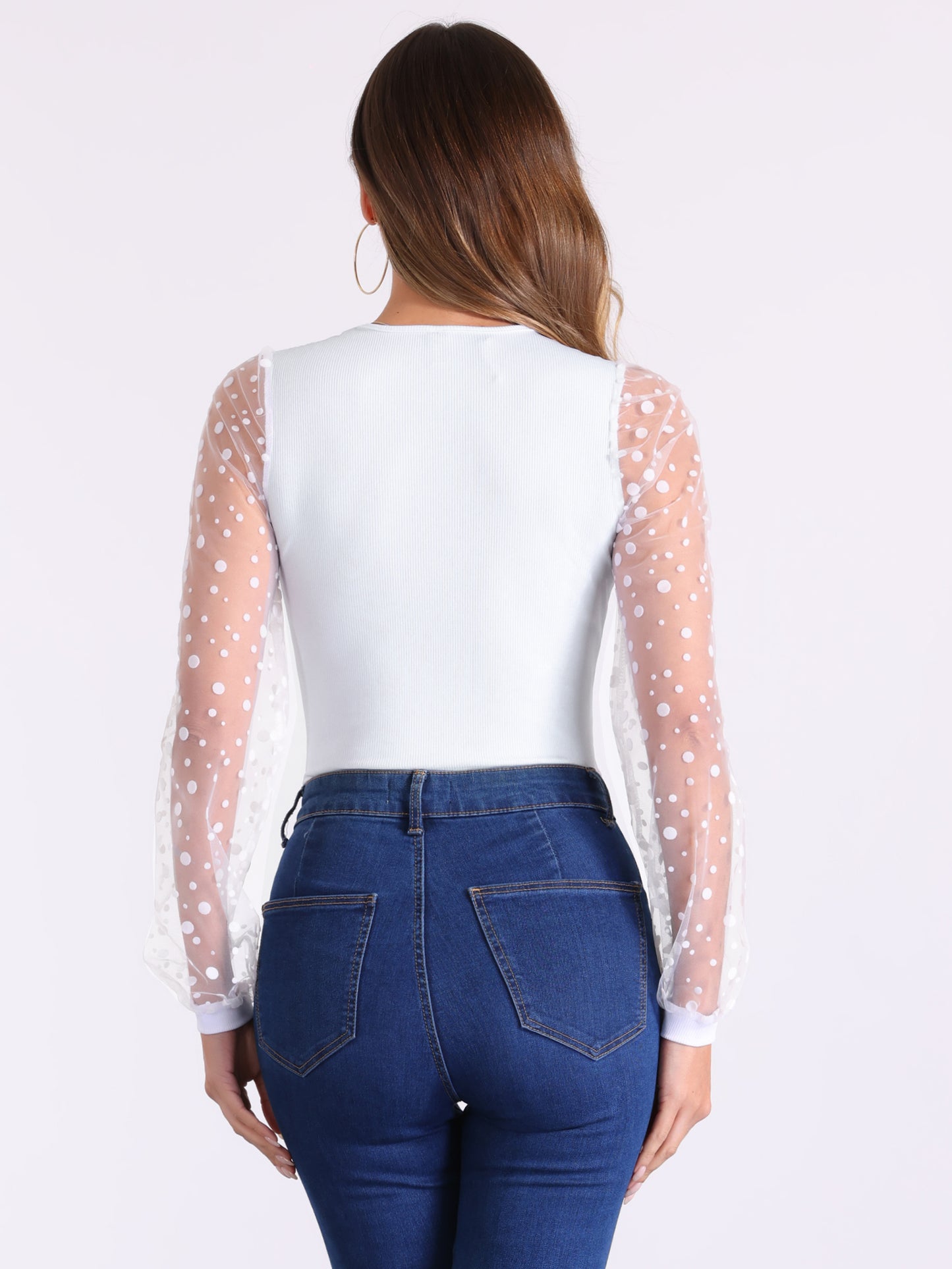 Women's Polka Dot Sheer Mesh Long Sleeve Ribbed Blouses Crew Neck Bodysuit