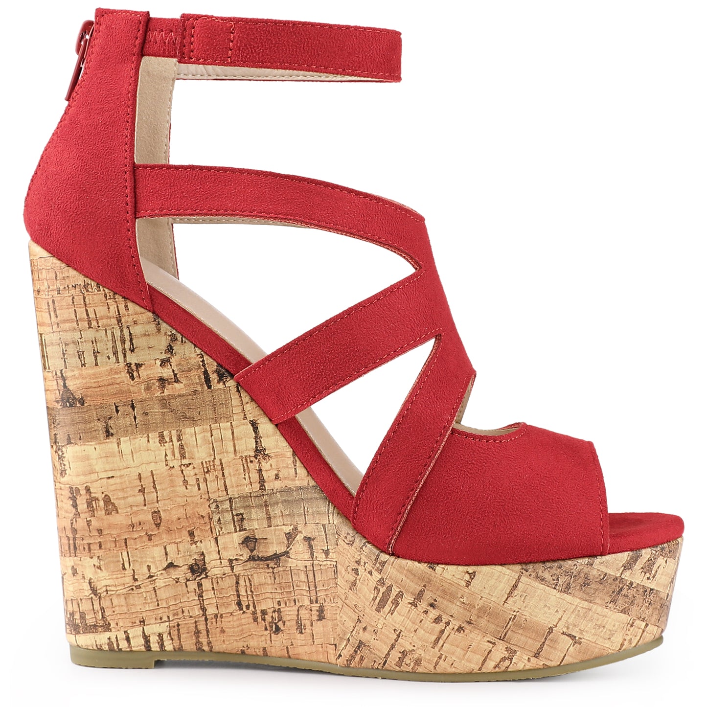 Sandalias de plataforma con punta abierta y tacón de cuña de corcho enrejado para mujer