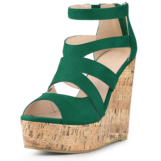 Women's Platform Peep Toe Cutout Caged Cork Wedge Heel Sandals