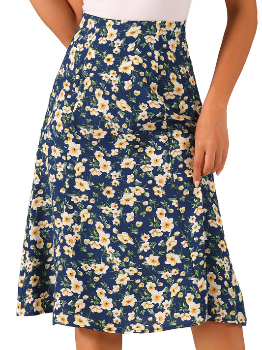 Women's Floral Midi Skirt Peasant Elastic Waist A-Line Ditsy Printed Skirts