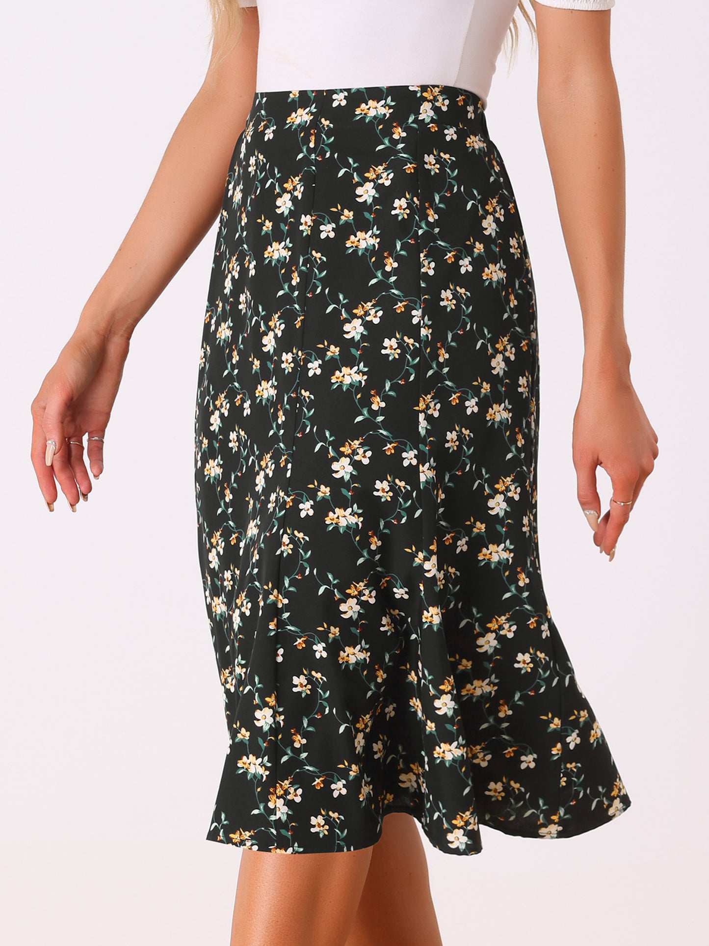 Falda midi floral para mujer, cintura elástica, corte A, estampado de florecitas