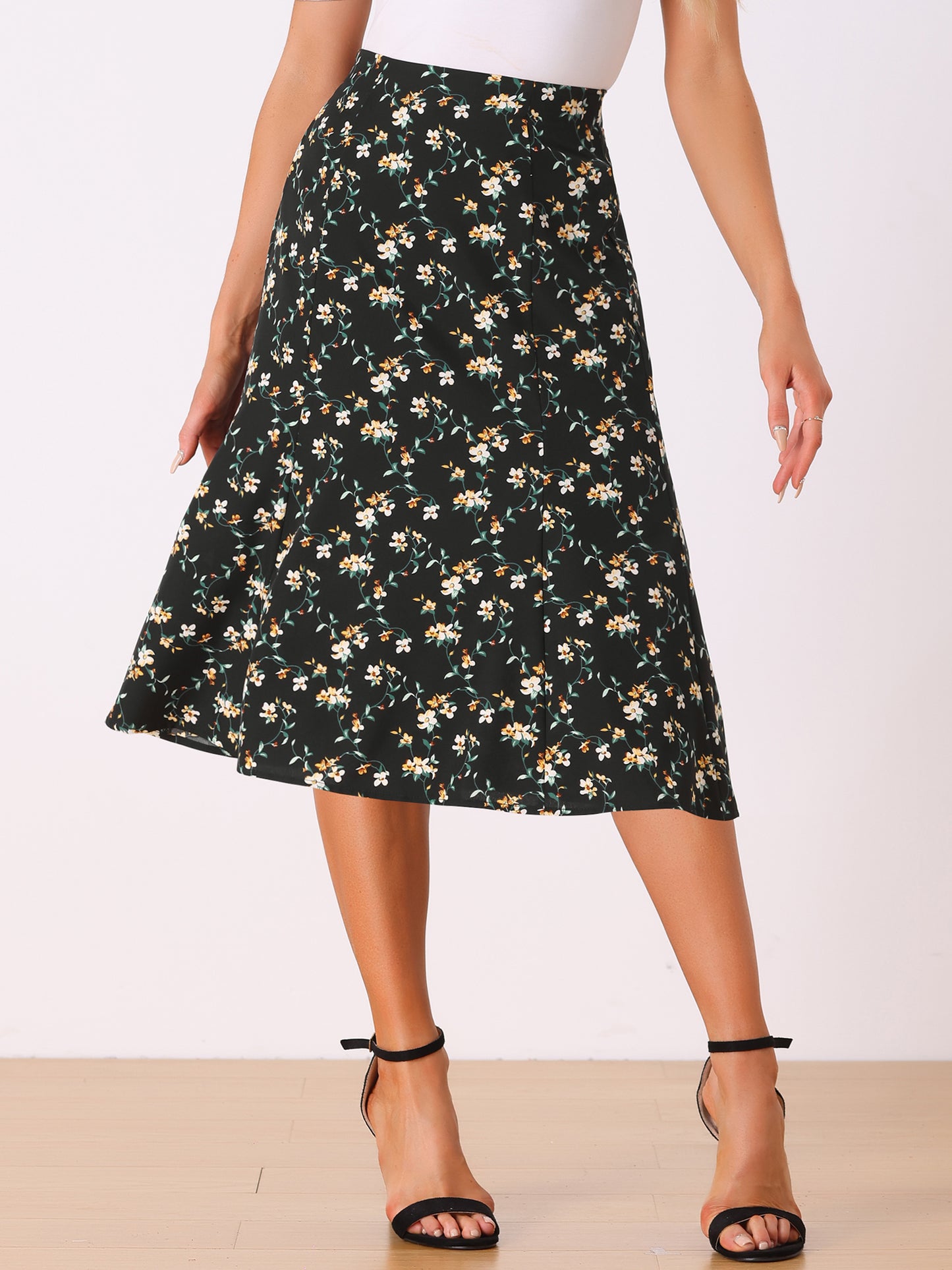 Falda midi floral para mujer, cintura elástica, corte A, estampado de florecitas