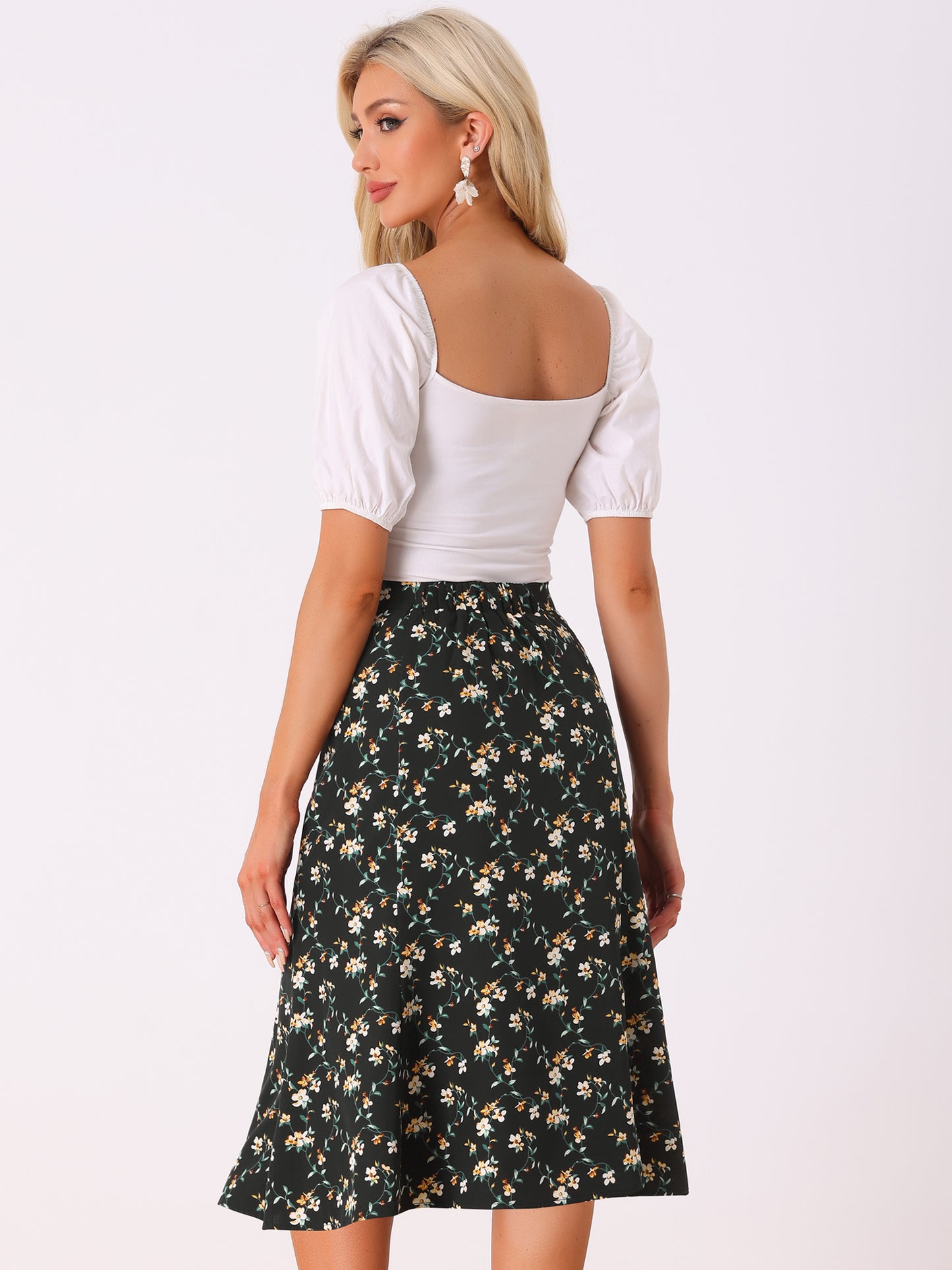 Falda midi floral para mujer, cintura elástica, corte A, estampado de florecitas