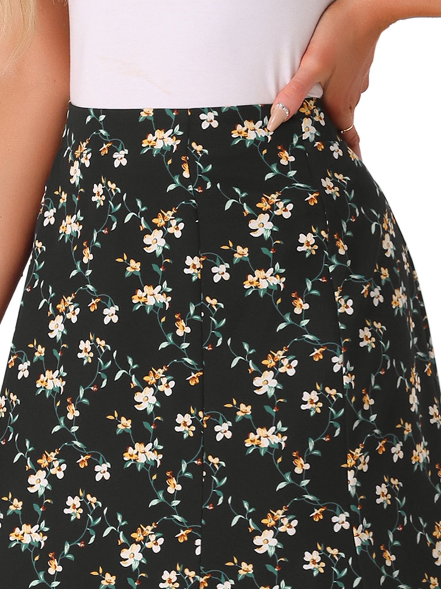 Falda midi floral para mujer, cintura elástica, corte A, estampado de florecitas