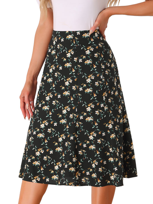 Falda midi floral para mujer, cintura elástica, corte A, estampado de florecitas