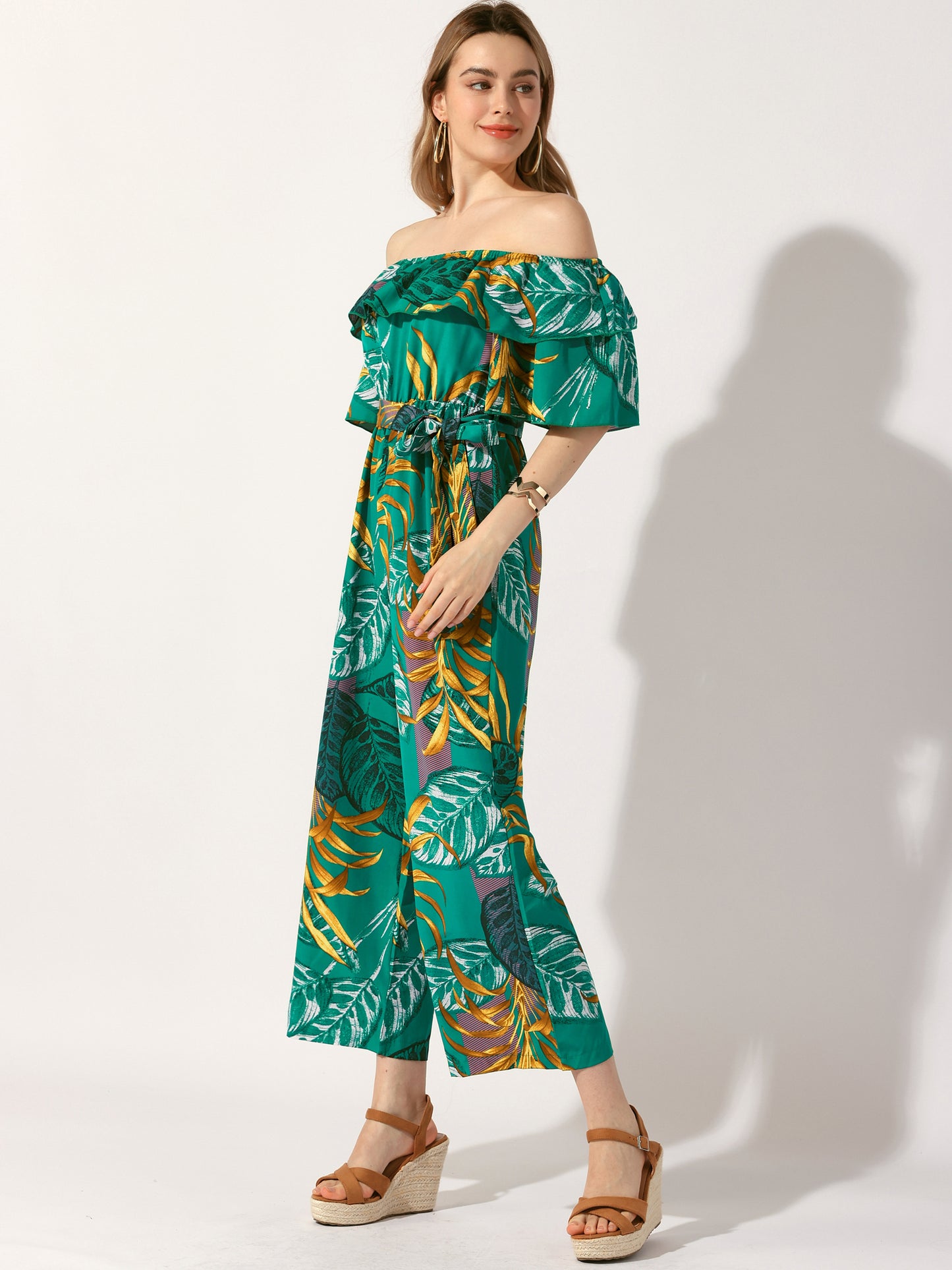 Women's Floral Jumpsuit Casual Off Shoulder Wide Leg Jumpsuit with Belt