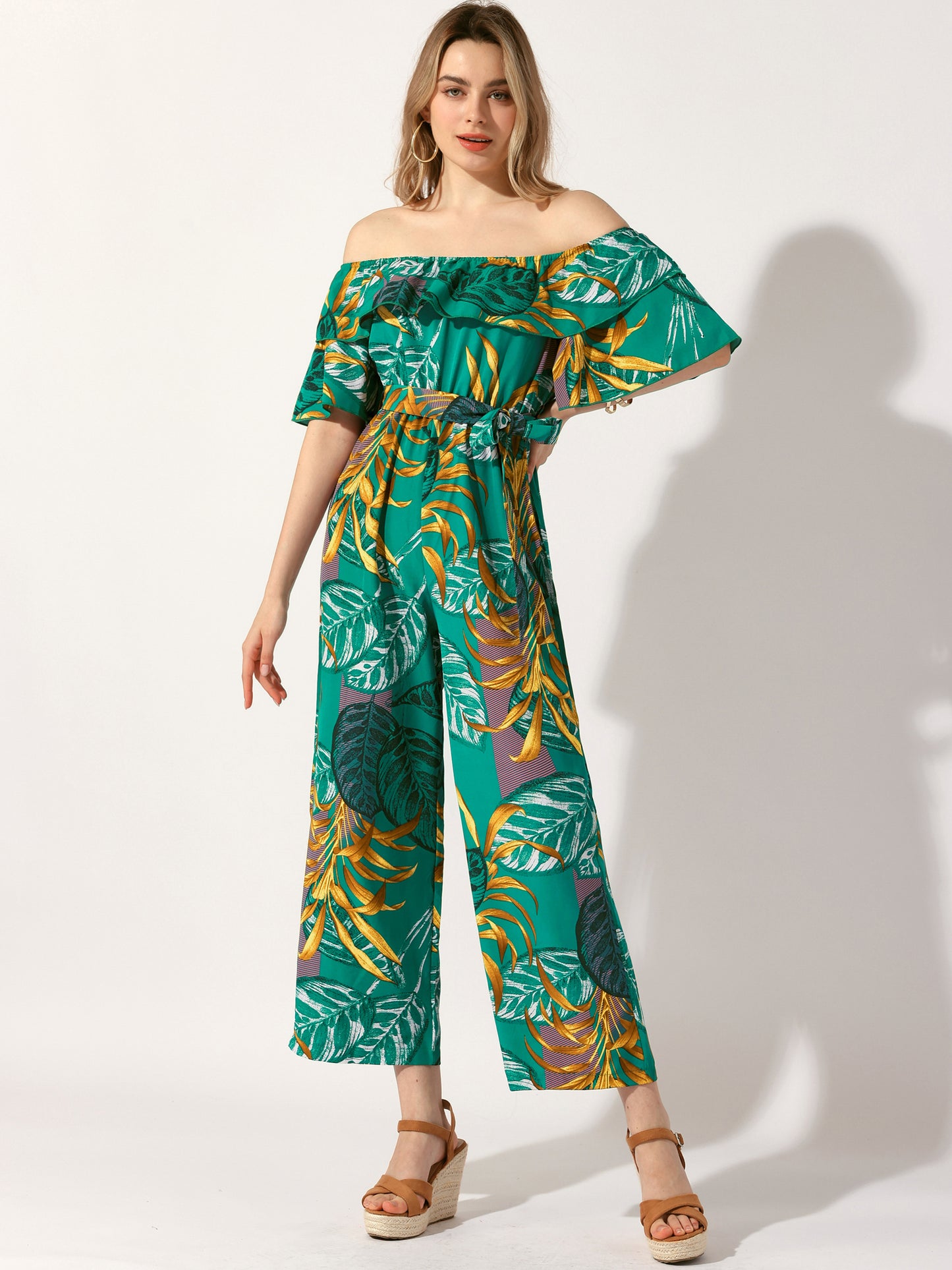 Women's Floral Jumpsuit Casual Off Shoulder Wide Leg Jumpsuit with Belt
