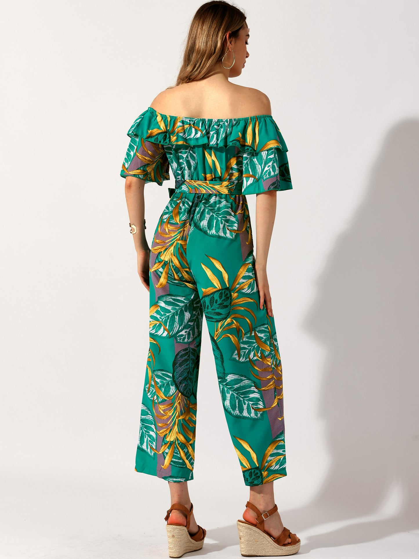 Women's Floral Jumpsuit Casual Off Shoulder Wide Leg Jumpsuit with Belt