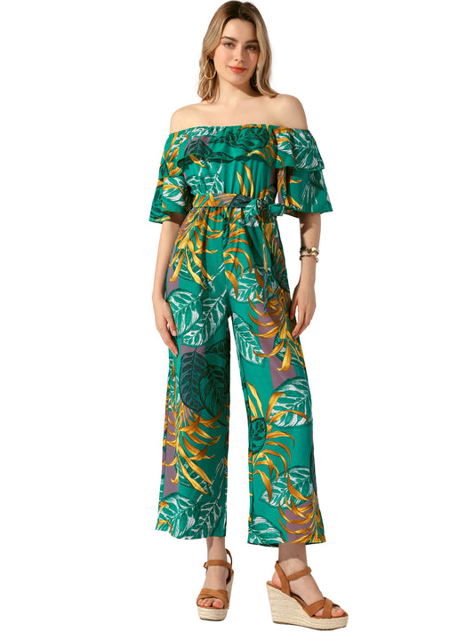 Women's Floral Jumpsuit Casual Off Shoulder Wide Leg Jumpsuit with Belt