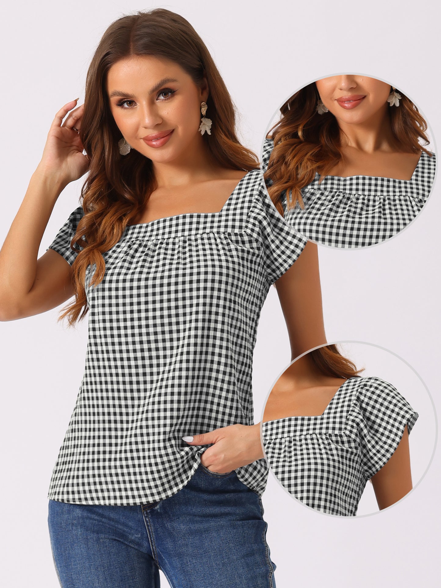 Women's Cap Sleeve Summer Square Neck Gingham Blouse Top