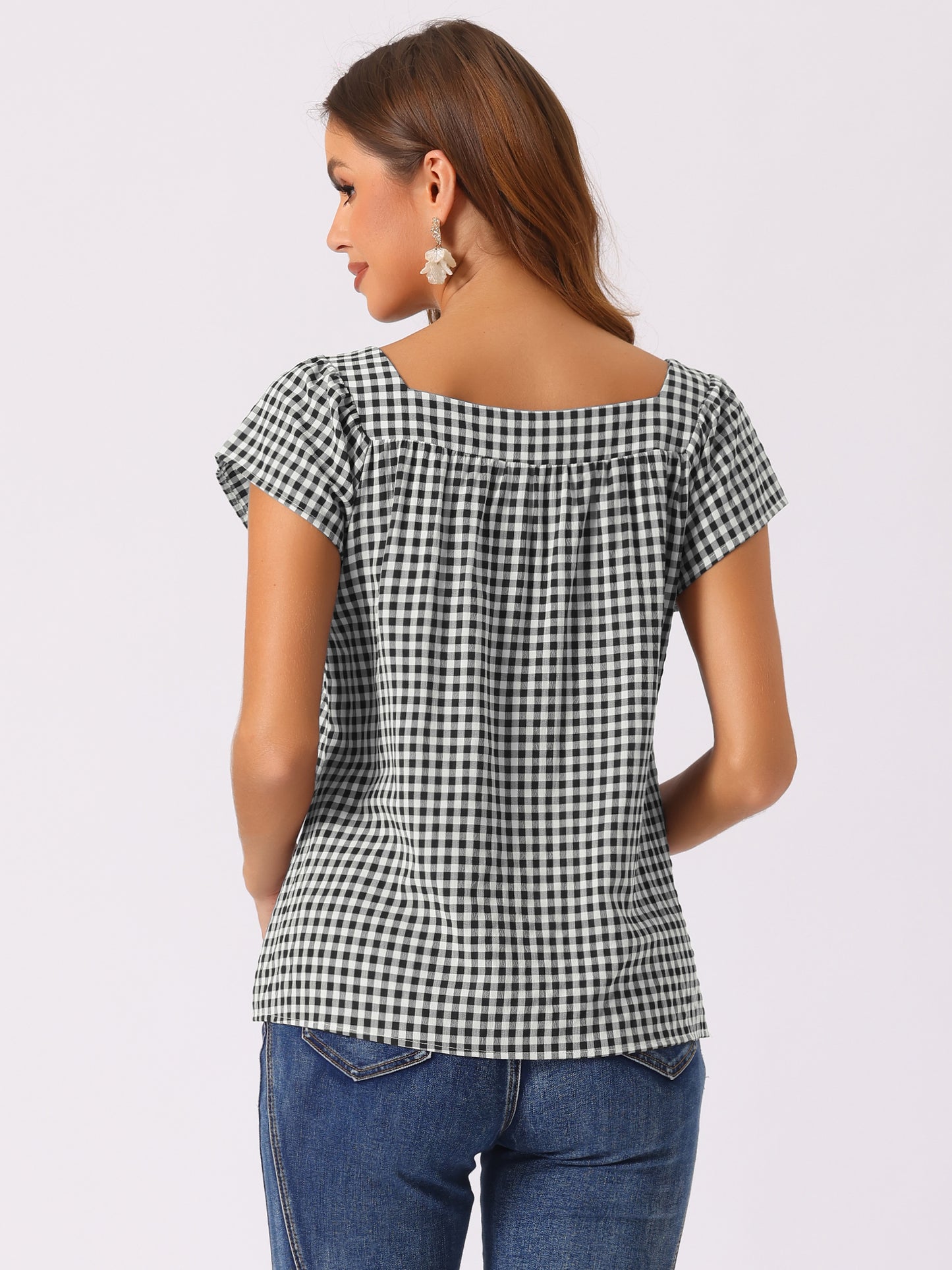 Women's Cap Sleeve Summer Square Neck Gingham Blouse Top