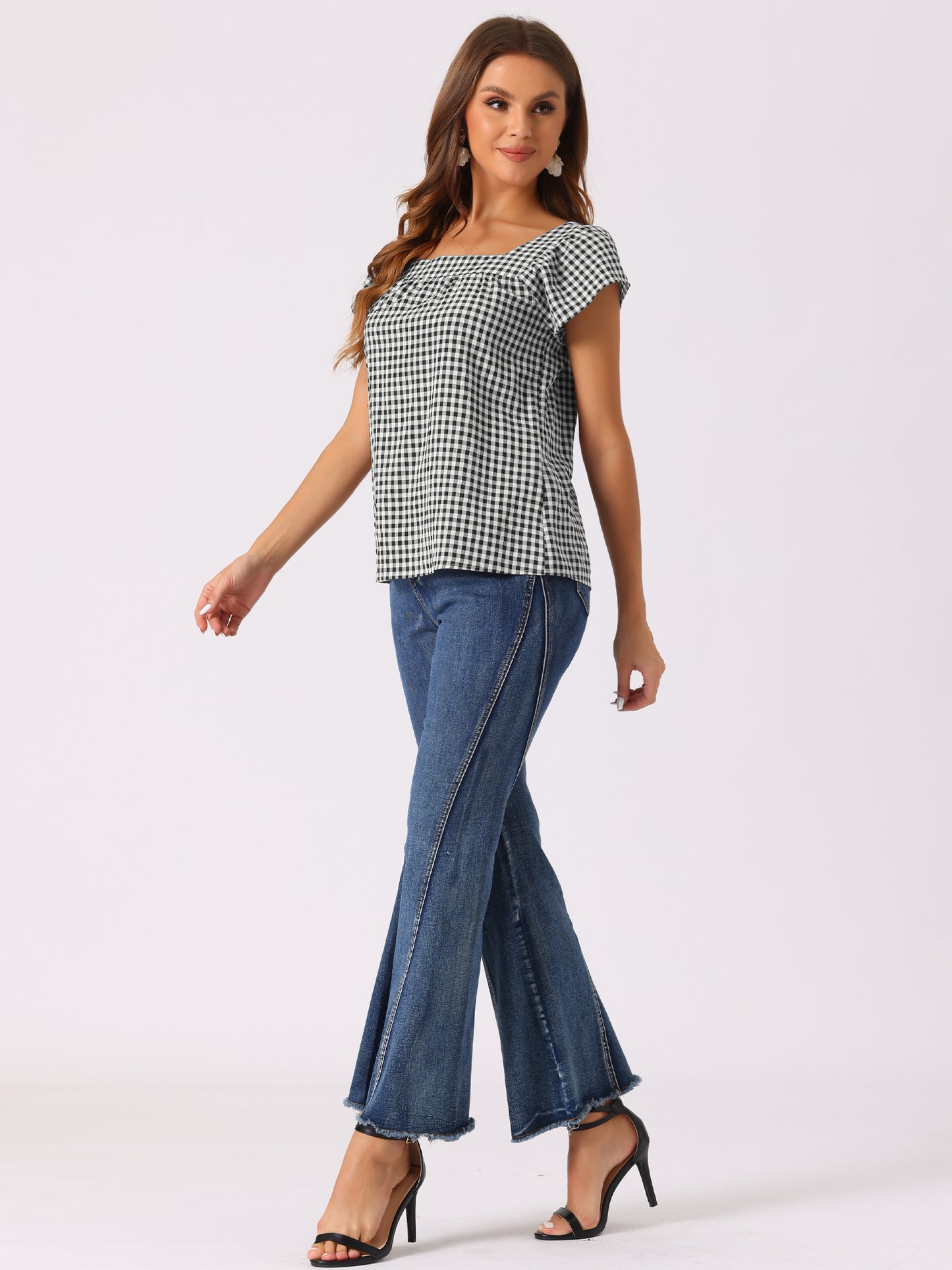 Women's Cap Sleeve Summer Square Neck Gingham Blouse Top
