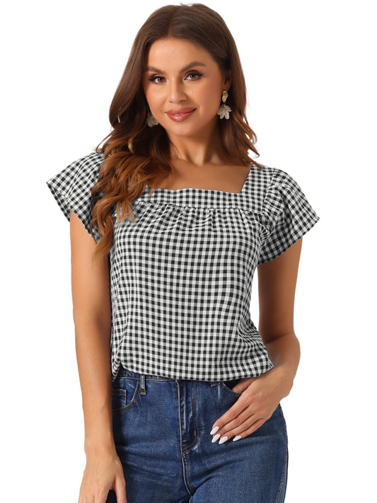 Women's Cap Sleeve Summer Square Neck Gingham Blouse Top