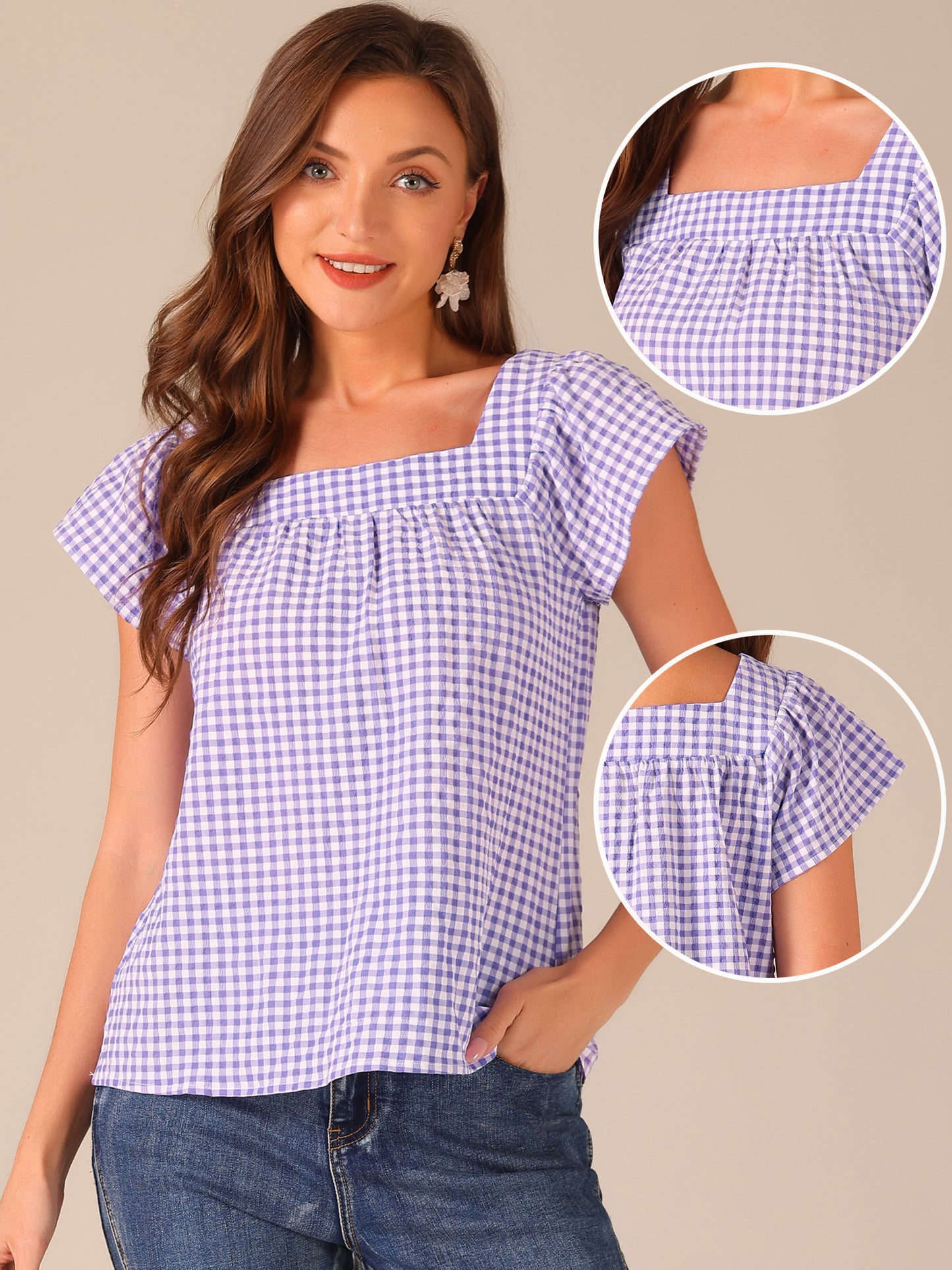 Women's Cap Sleeve Summer Square Neck Gingham Blouse Top